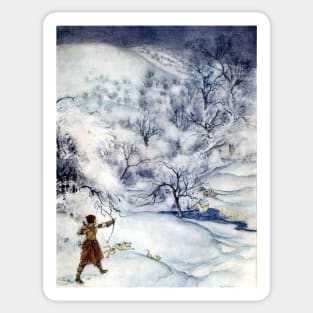 Woman Hunting in the Snow - Arthur Rackham Sticker